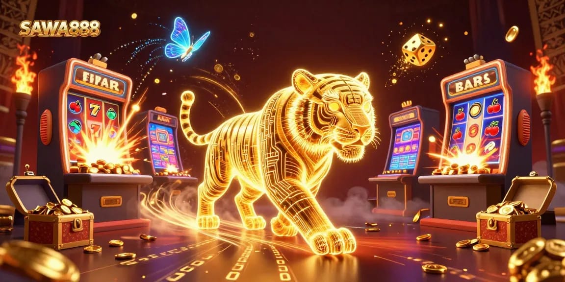 Experience winning adventures at SAWA888 with a neon golden tiger in a captivating digital casino scene.