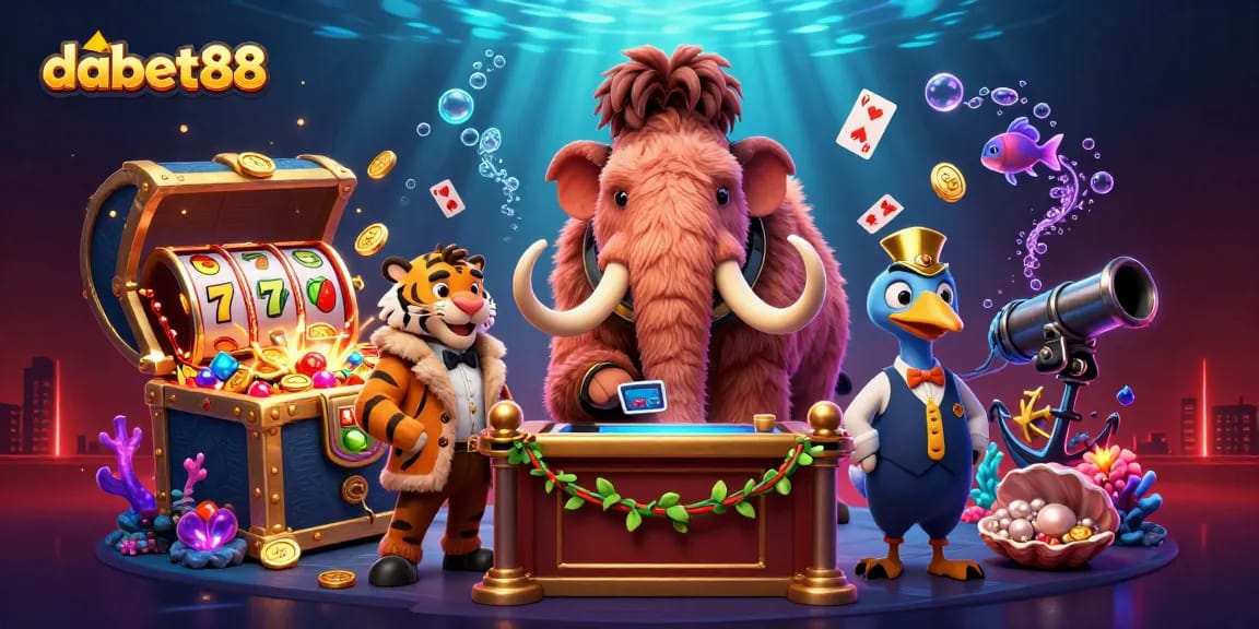 Experience the vibrant energy of dabet88 with a dynamic 3D casino illustration featuring thrilling games and characters.