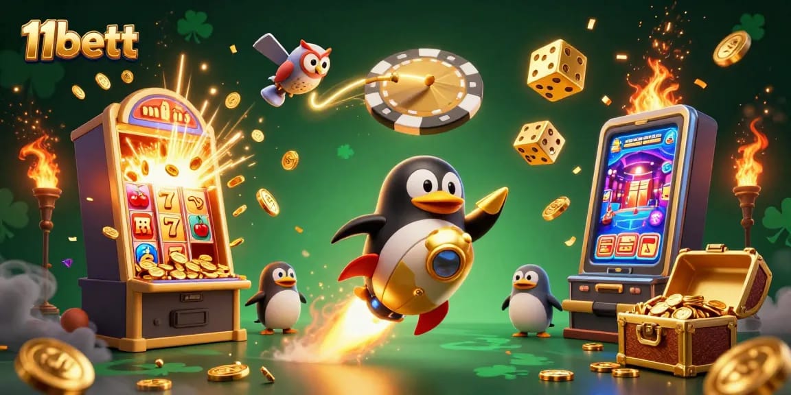 Join the thrilling adventure at 11bett, where a golden penguin navigates a vibrant casino cosmos.