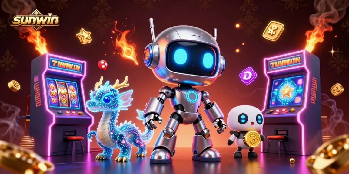 Experience thrilling wins with sunwin in a vibrant casino scene featuring a cyberpunk robot, AI dragon, and bitcoin.