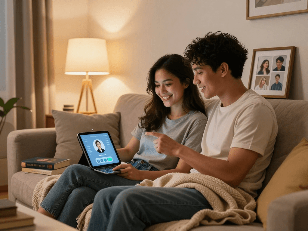 Couple exploring ai sex technology while sitting comfortably together in a cozy living room.