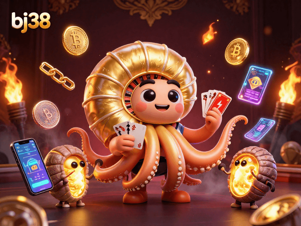 Experience thrilling bets at BJ38, featuring a cartoon nautilus roulette and glowing crypto coins.