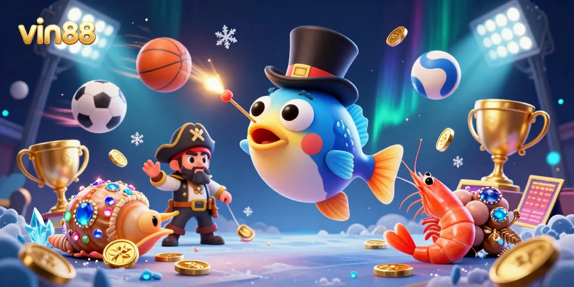 Win big with vin88 as a cartoon anglerfish and pirate shrimp chase coins in a vibrant casino backdrop.