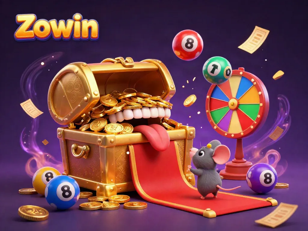 Zowin offers dynamic gameplay with bouncing lottery balls and a vibrant prize wheel in this captivating illustration.