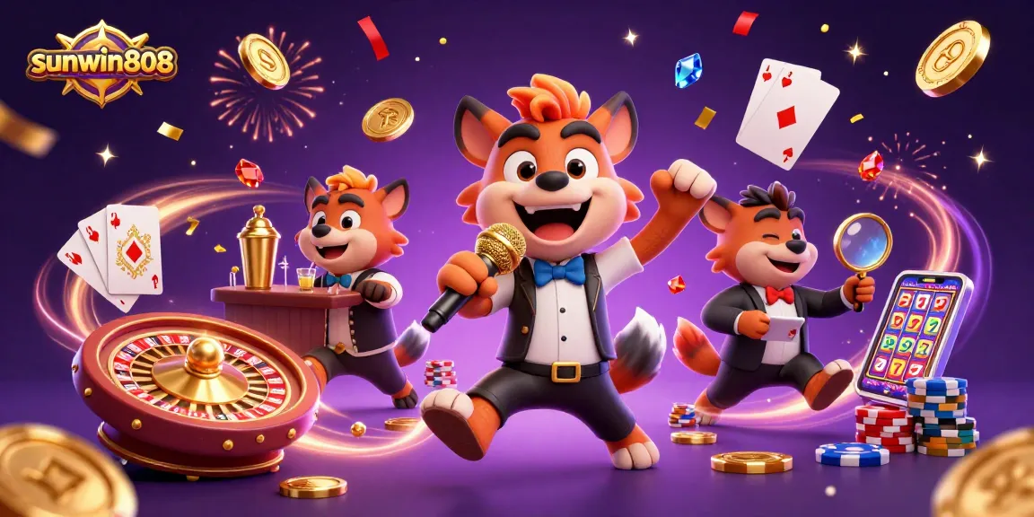 Experience vibrant fun at sunwin808 with hyenas in a comedy casino, showcasing gold coins and a spinning roulette wheel.