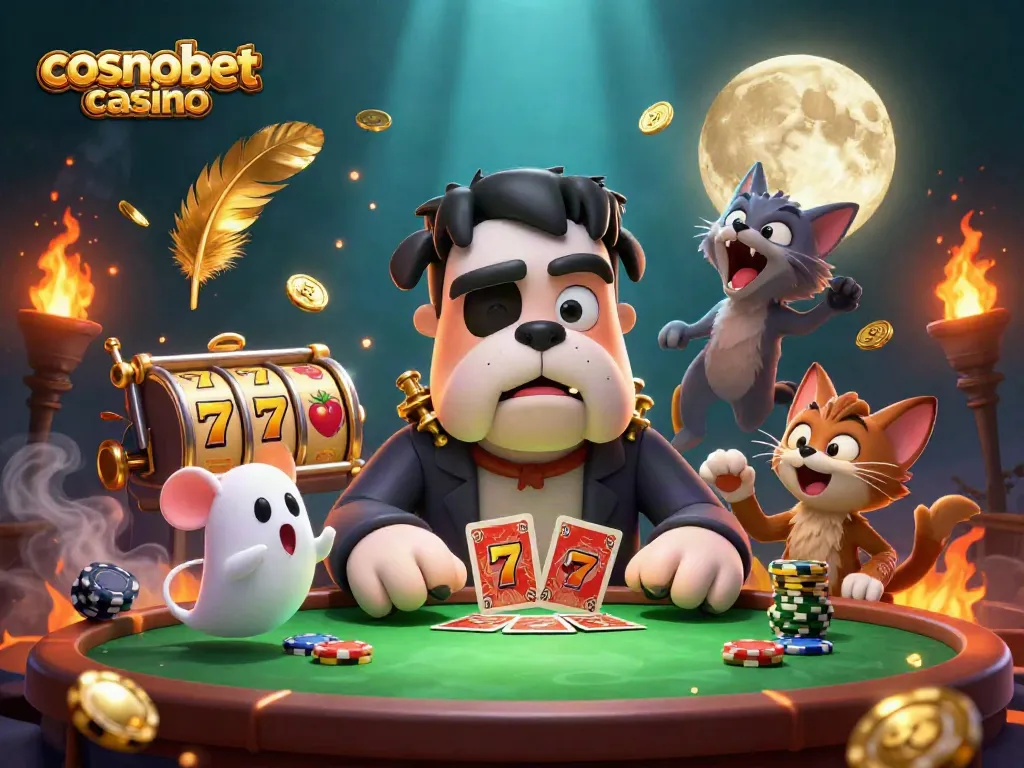 Engage at cosmobet casino with a vibrant, animated scene featuring playful characters and slot reels.