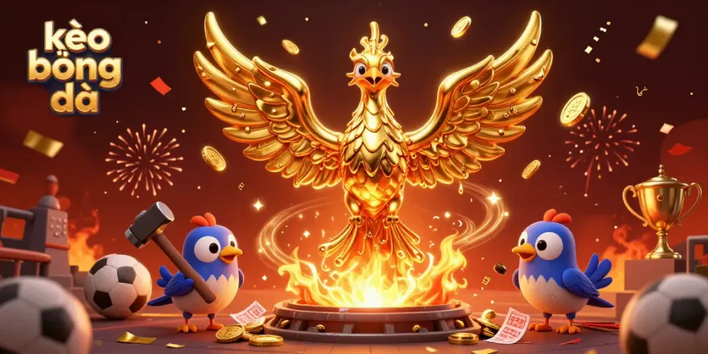 Catch the excitement of kèo bóng đá with a winning phoenix and sporting elements in action.