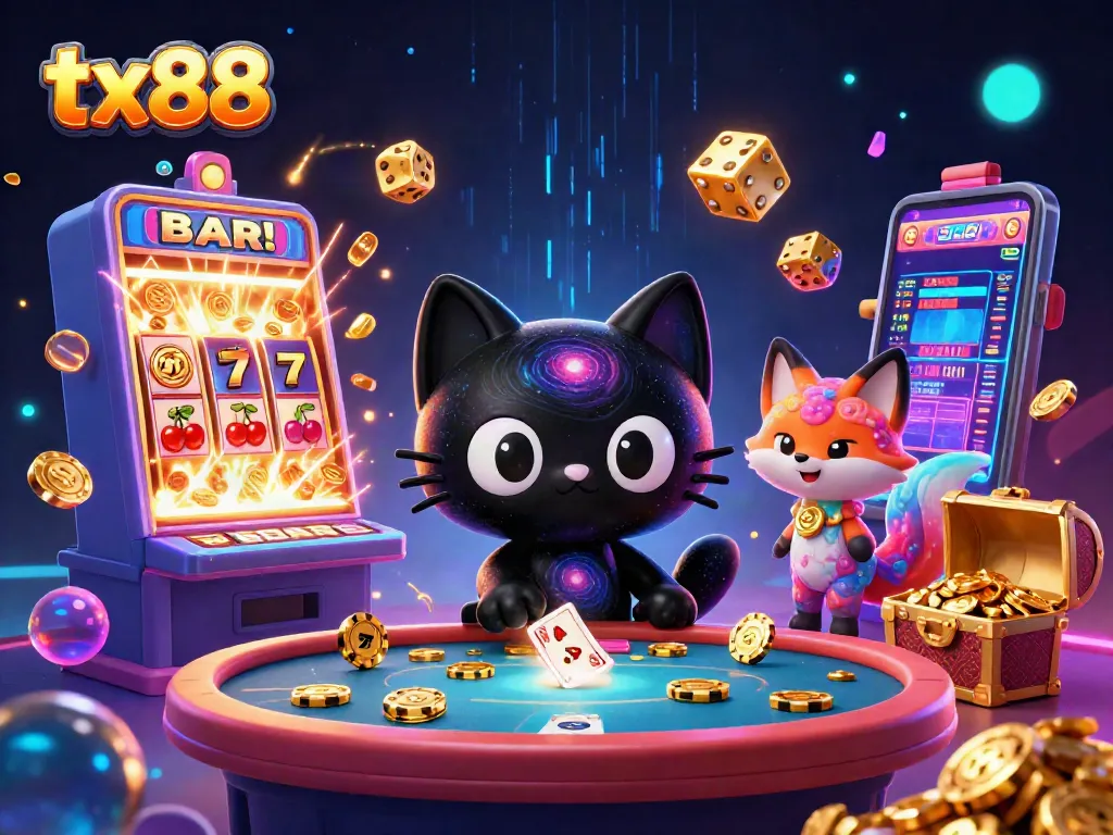 Experience excitement at tx88 with a cosmic cat and fox amidst a vibrant casino scene.