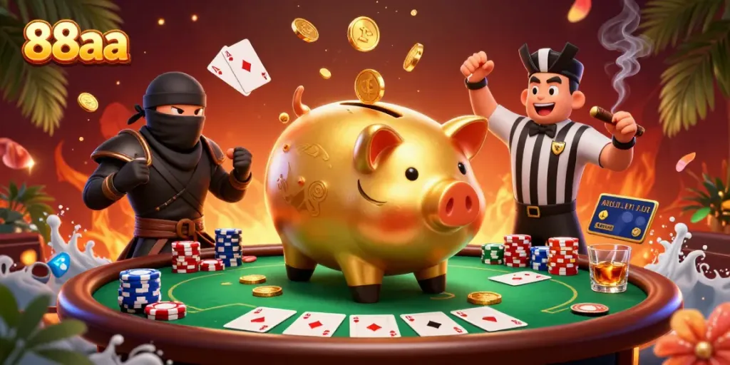 Experience the vibrant energy of 88aa with a golden piggy bank sumo wrestler, poker chips, and dynamic casino action.