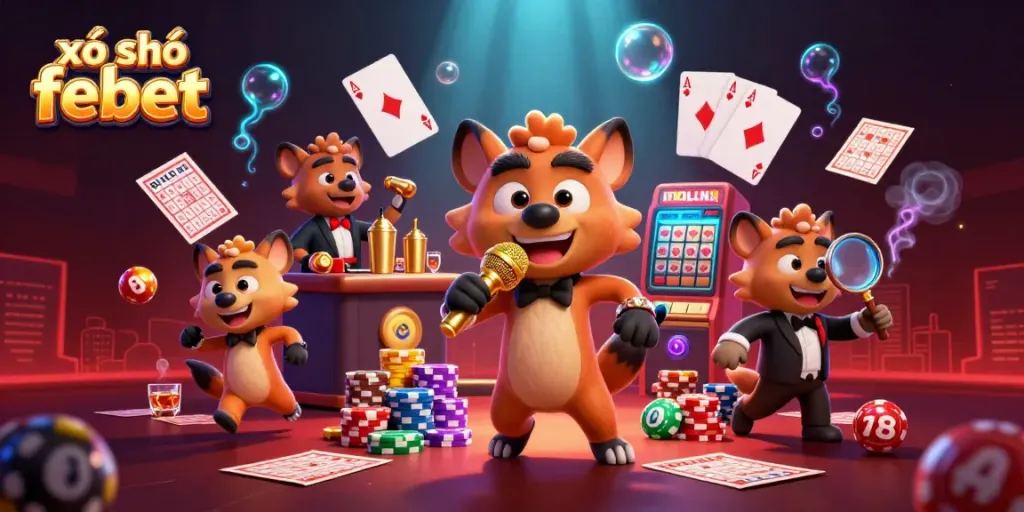 Experience the excitement of xổ số febet with colorful bingo and lottery themes illustrated by hyena characters in a vibrant casino scene.