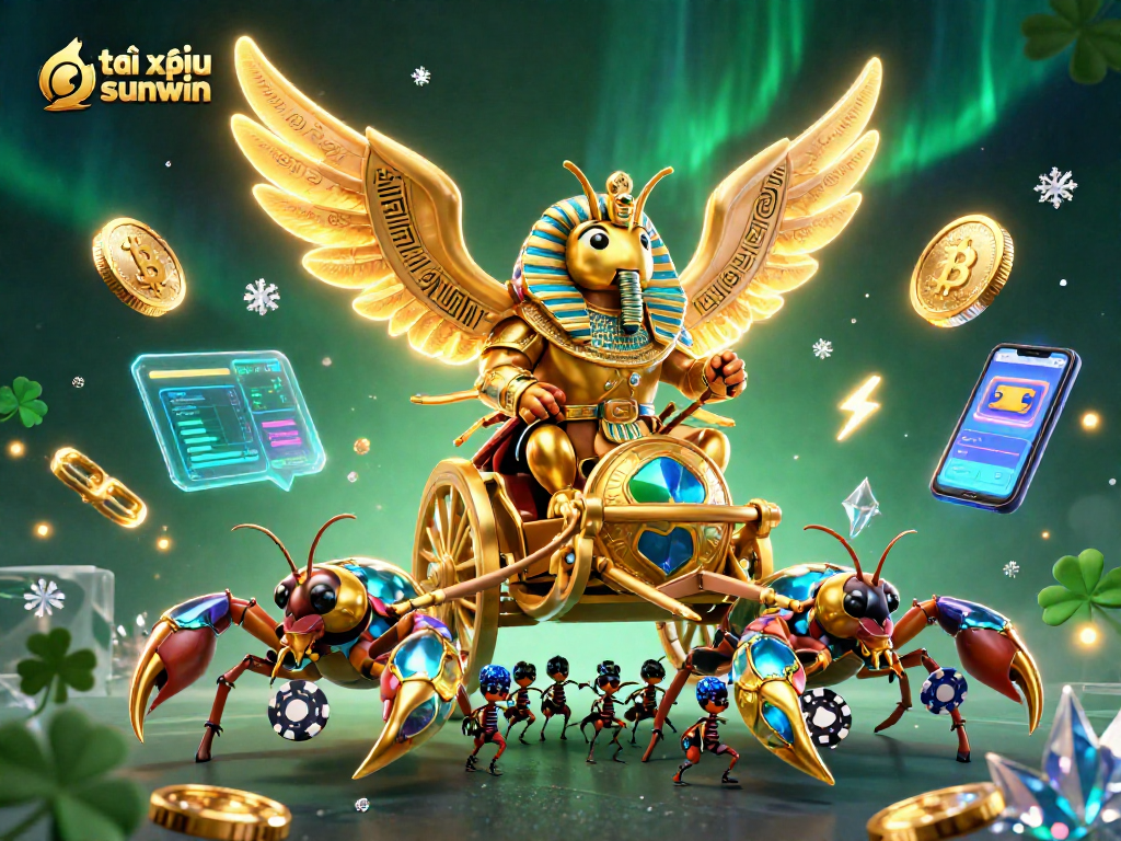 Experience the thrill of tài xỉu sunwin as a colossal golden scarab beetle rides in a casino adventure.