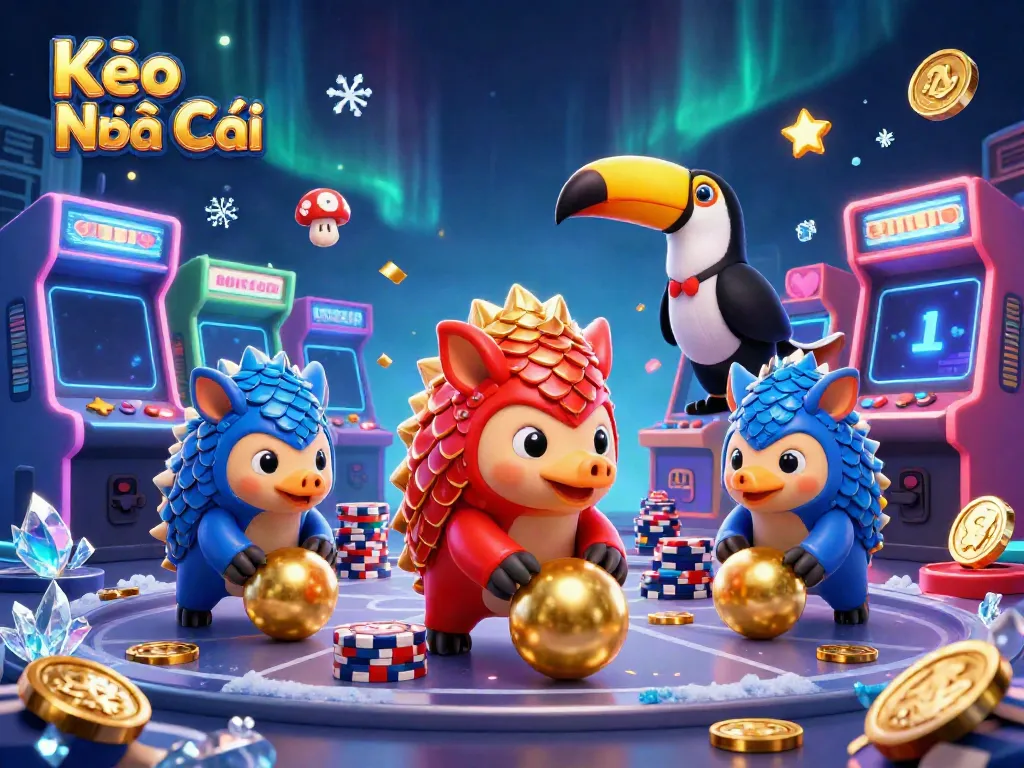 Kèo Nhà Cái animated pangolins compete in a dynamic gambling arcade, showcasing energetic gameplay.