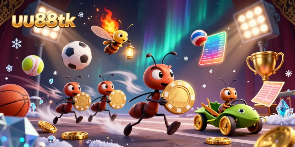 Engage in thrilling gameplay action with uu88tk featuring ants stealing a giant poker chip in a vibrant casino scene.