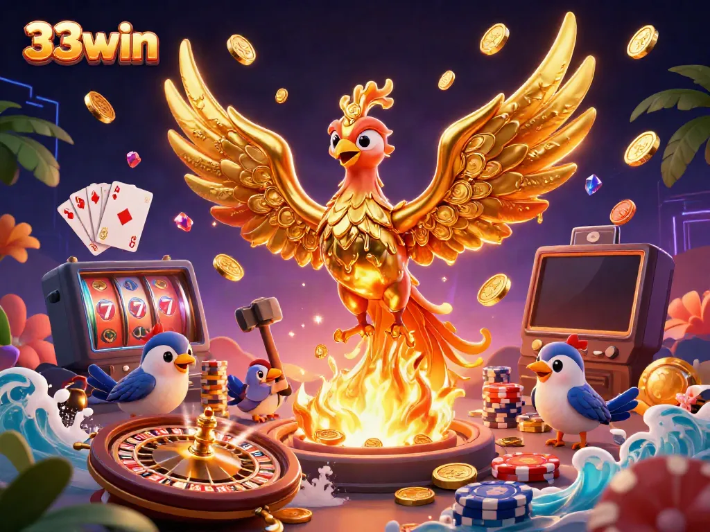 Experience the vibrant excitement of 33win with a golden phoenix amidst dynamic casino symbols.