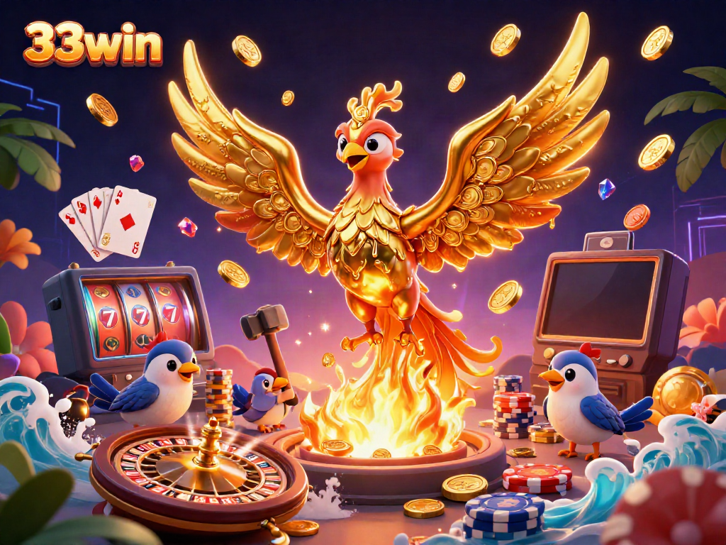 Experience the vibrant excitement of 33win with a golden phoenix amidst dynamic casino symbols.