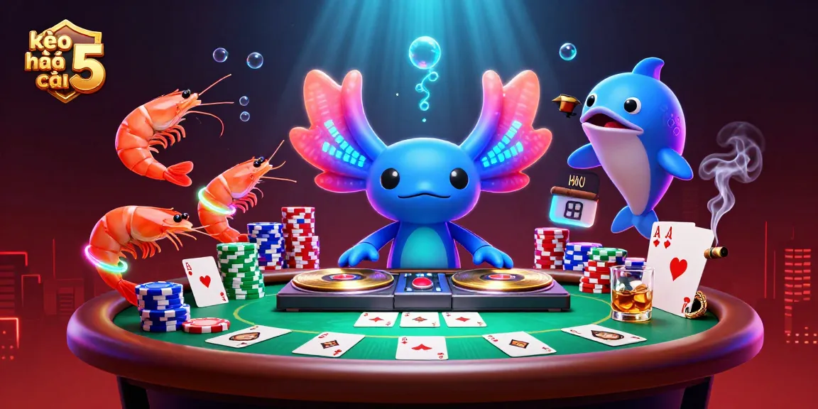 Engaging scene of a neon axolotl DJ and vibrant sea creatures reinforcing the theme of kèo nhà cái 5.