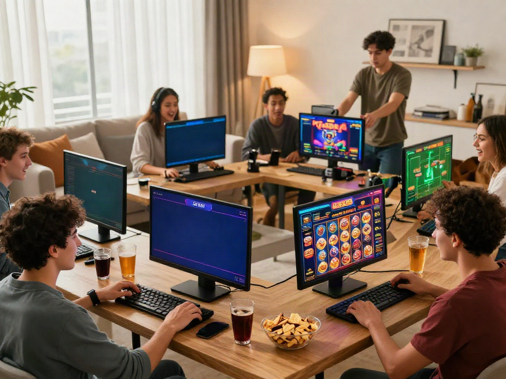Dynamic scene of players enjoying GEM88 gaming experience in a cozy living room with colorful screens.