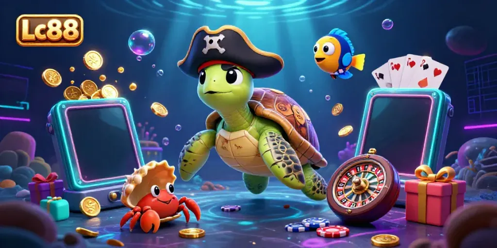 Experience excitement with Lc88 in this vibrant underwater casino scene featuring a pirate turtle and treasures.