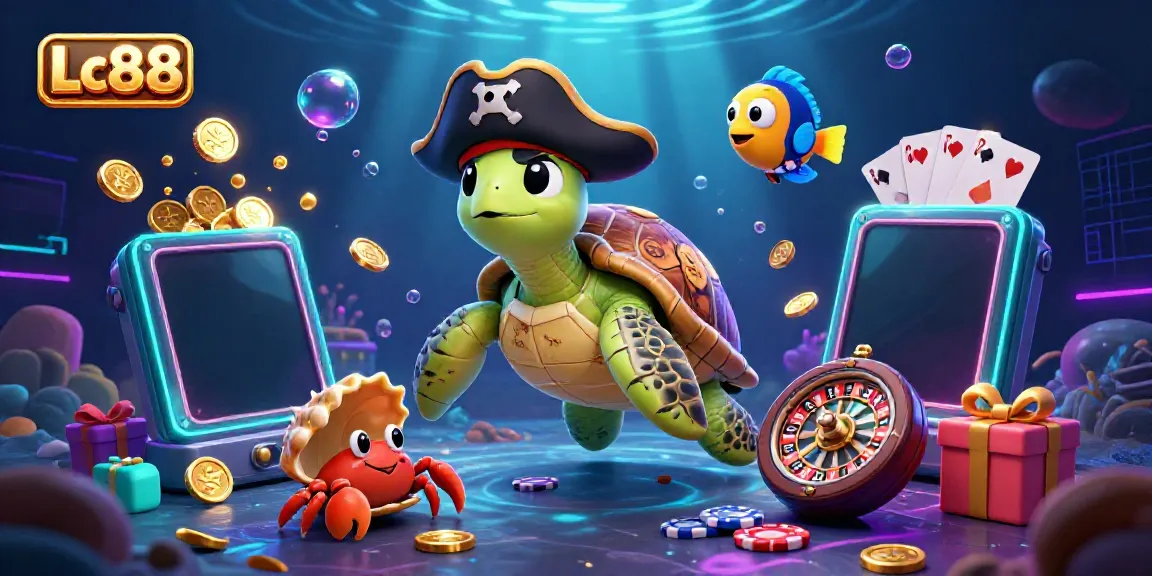 Experience excitement with Lc88 in this vibrant underwater casino scene featuring a pirate turtle and treasures.