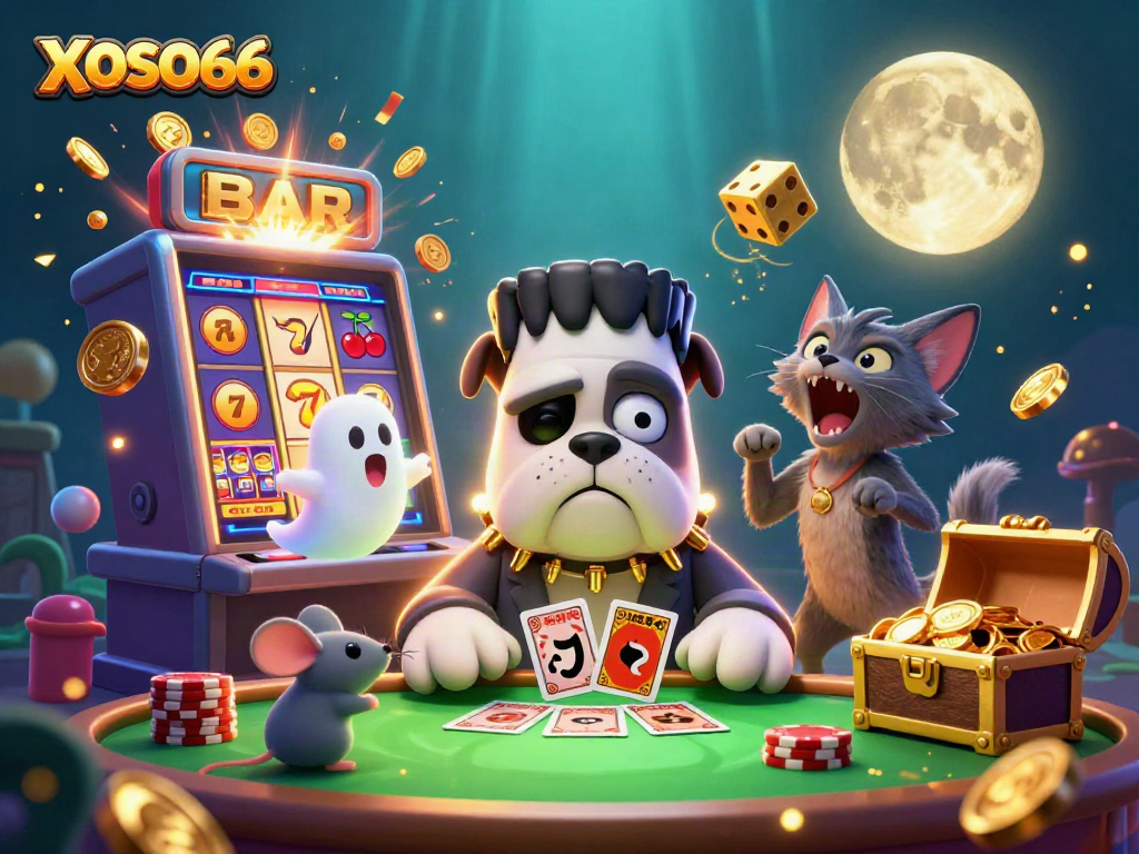 XOSO66 captures excitement at a vibrant gaming table with a Frankenstein bulldog and ghost mouse.