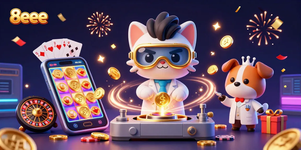 Experience excitement with 8eee's casino-themed illustration featuring dynamic games and characters.