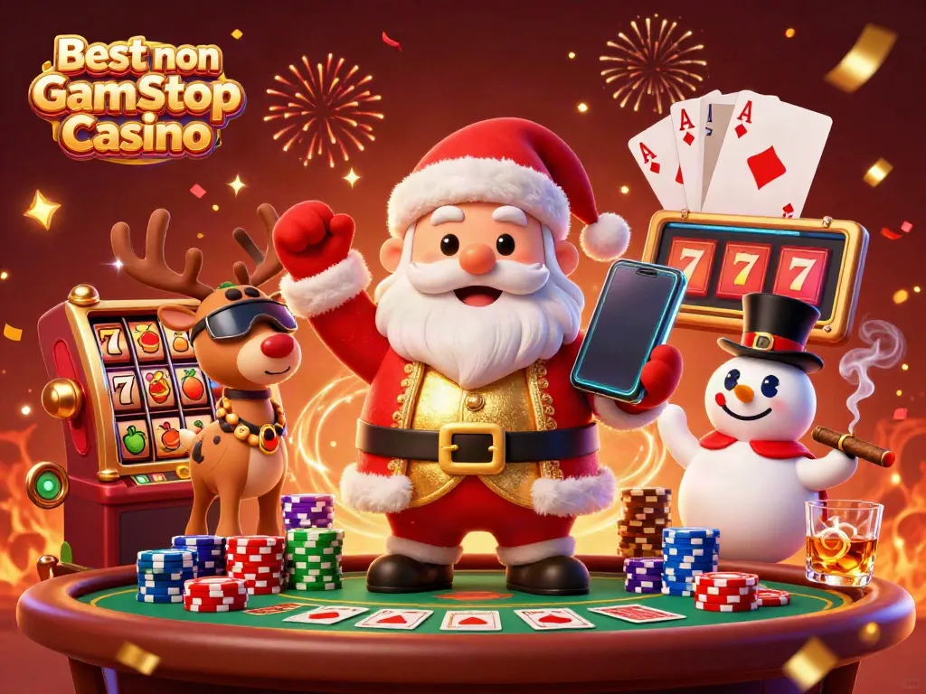 Enjoy the thrill at the Best non Gamstop Casino with Santa, his reindeer, and a snowman in a festive scene.