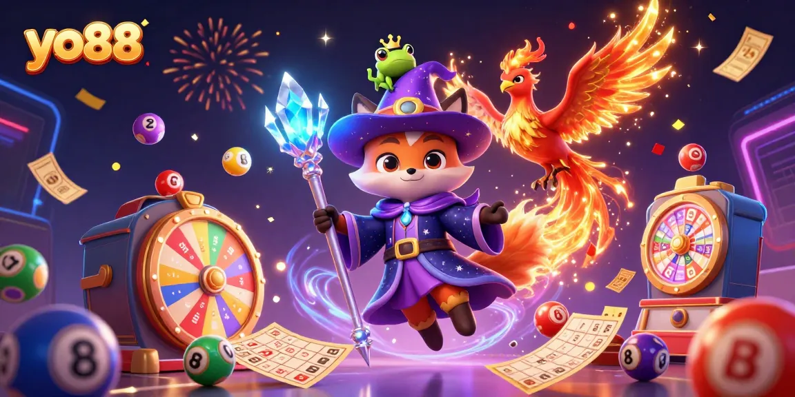 Experience the excitement of yo88 with colorful lottery elements and a mystical wizard in this vibrant illustration.