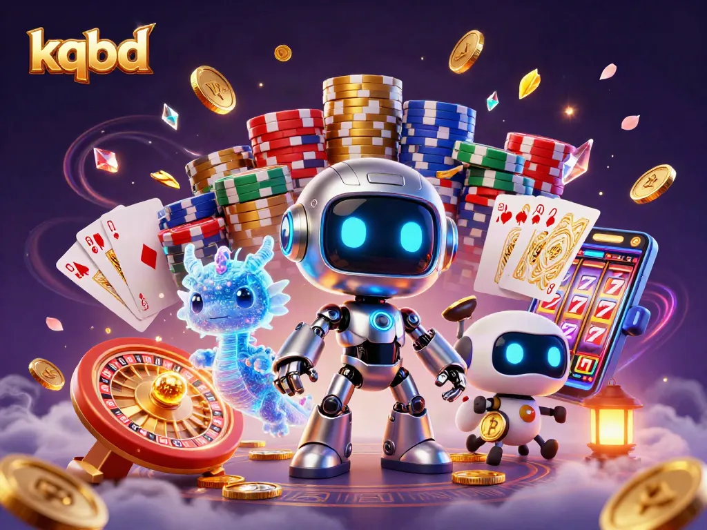 Experience kqbd, where a cyberpunk robot and AI companions celebrate with golden coins in a vibrant casino world.