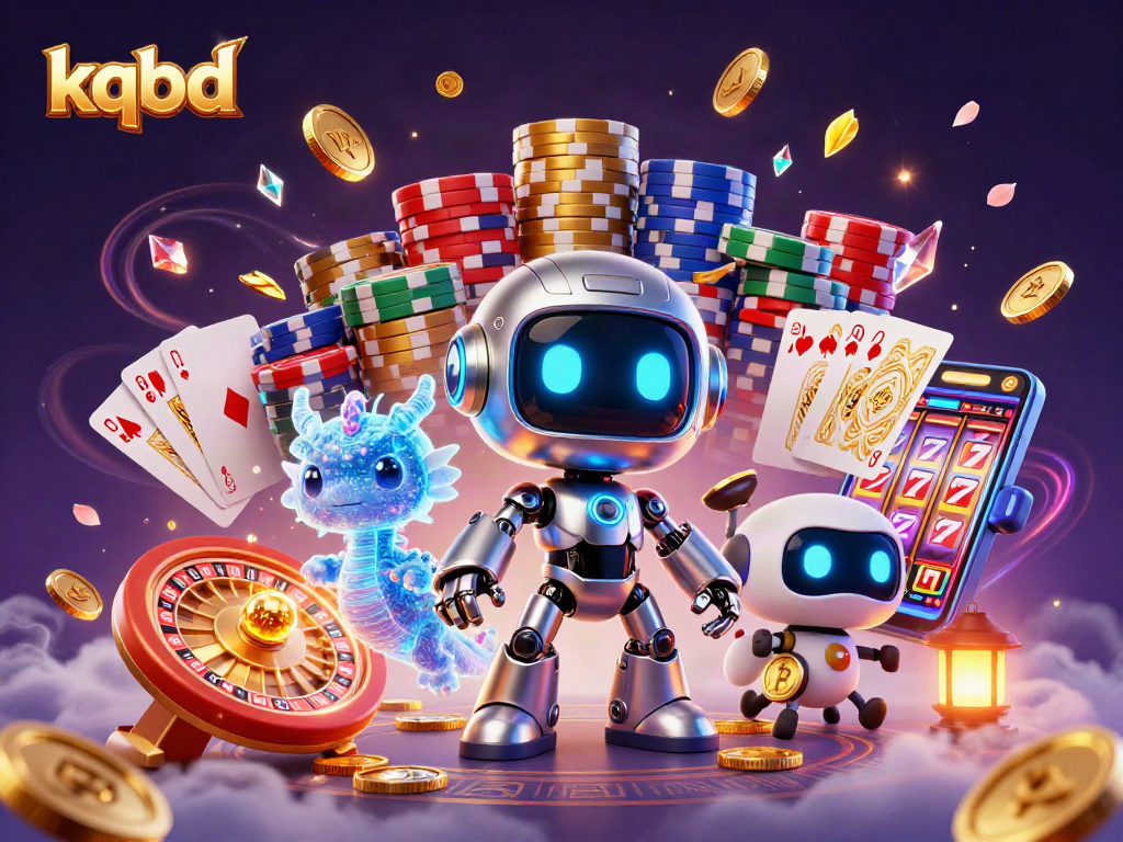 Experience kqbd, where a cyberpunk robot and AI companions celebrate with golden coins in a vibrant casino world.