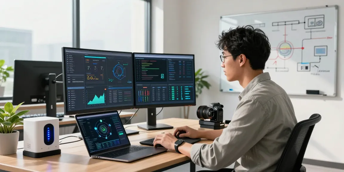 Edge computing workspace with IT professional analyzing real-time data on high-tech displays in a modern office.