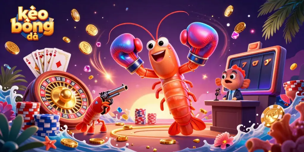 Bet on kèo bóng đá as the mantis shrimp and friends celebrate with vibrant casino elements.