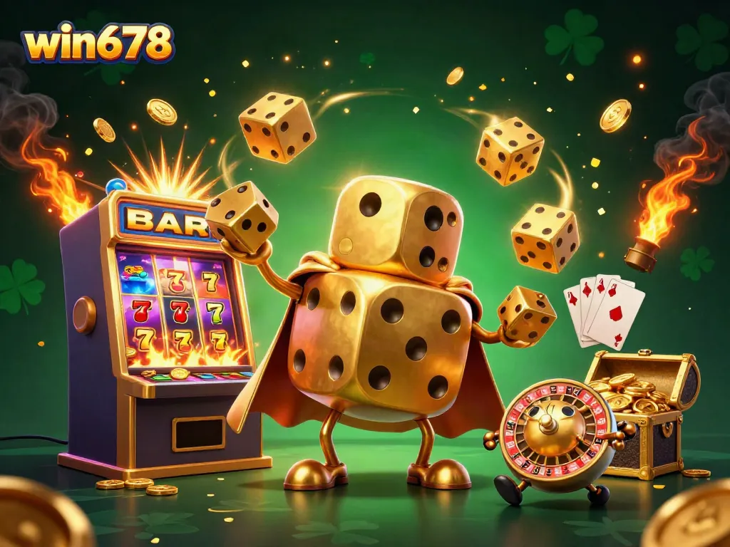 Experience lively gaming action with win678 featuring a golden dice golem, slot machines, and dazzling casino elements.