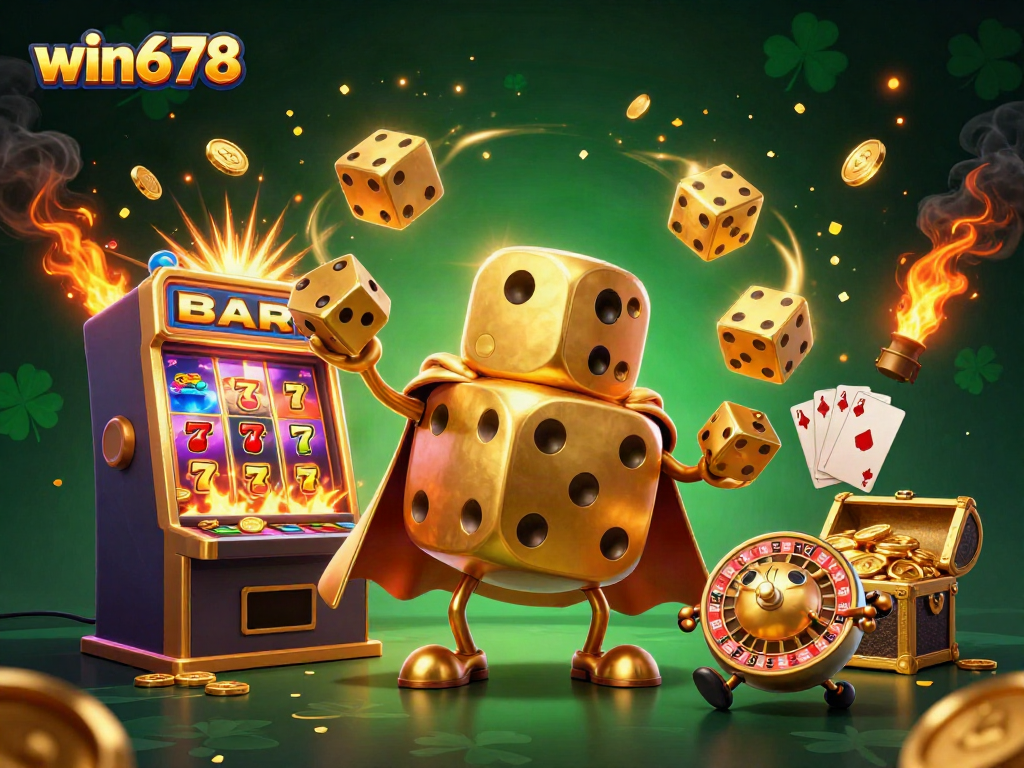 Experience lively gaming action with win678 featuring a golden dice golem, slot machines, and dazzling casino elements.