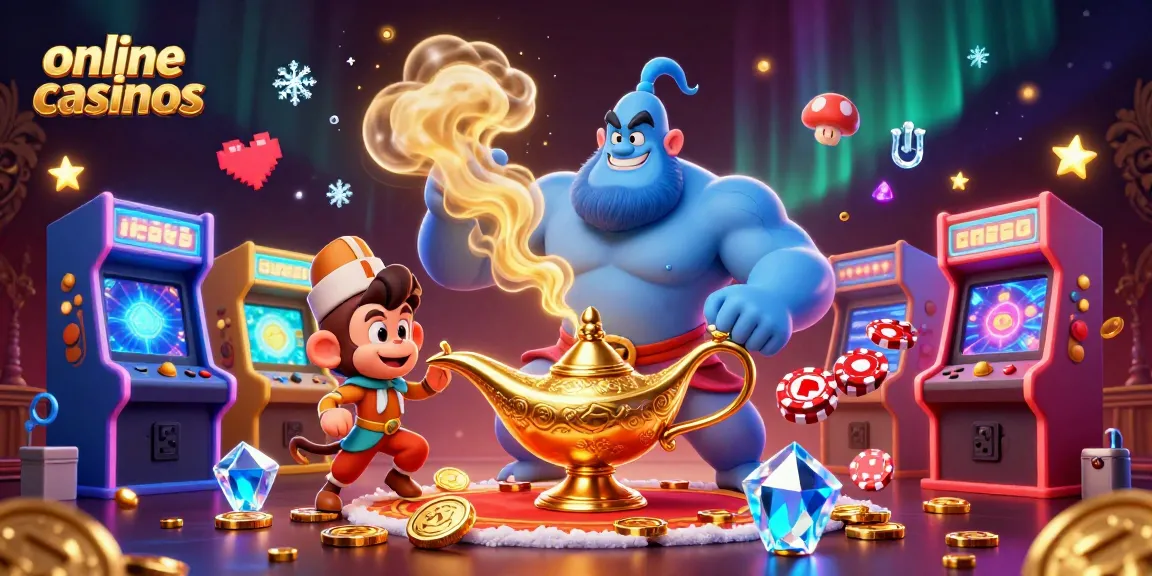 Experience vibrant online casinos with a magical genie, Aladdin-style monkey, and colorful gaming elements.