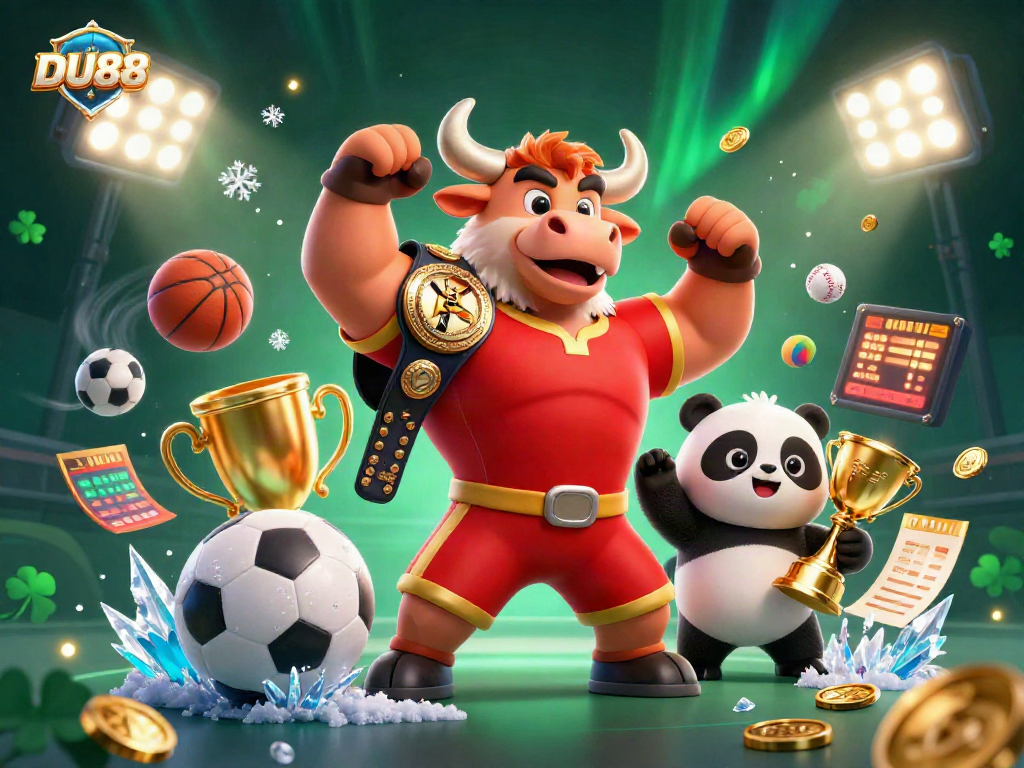 Engage with DU88 as the victorious bull mascot, eagle, and panda celebrate sports betting wins.