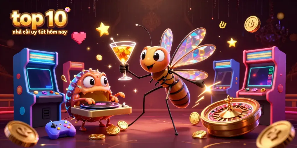 Engage with top 10 nhà cái uy tín hôm nay through animated casino characters in a vibrant 3D illustration.
