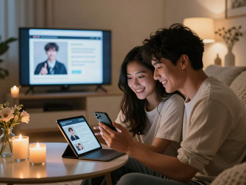 Couple using ai sex relationship app insightfully in cozy setting.