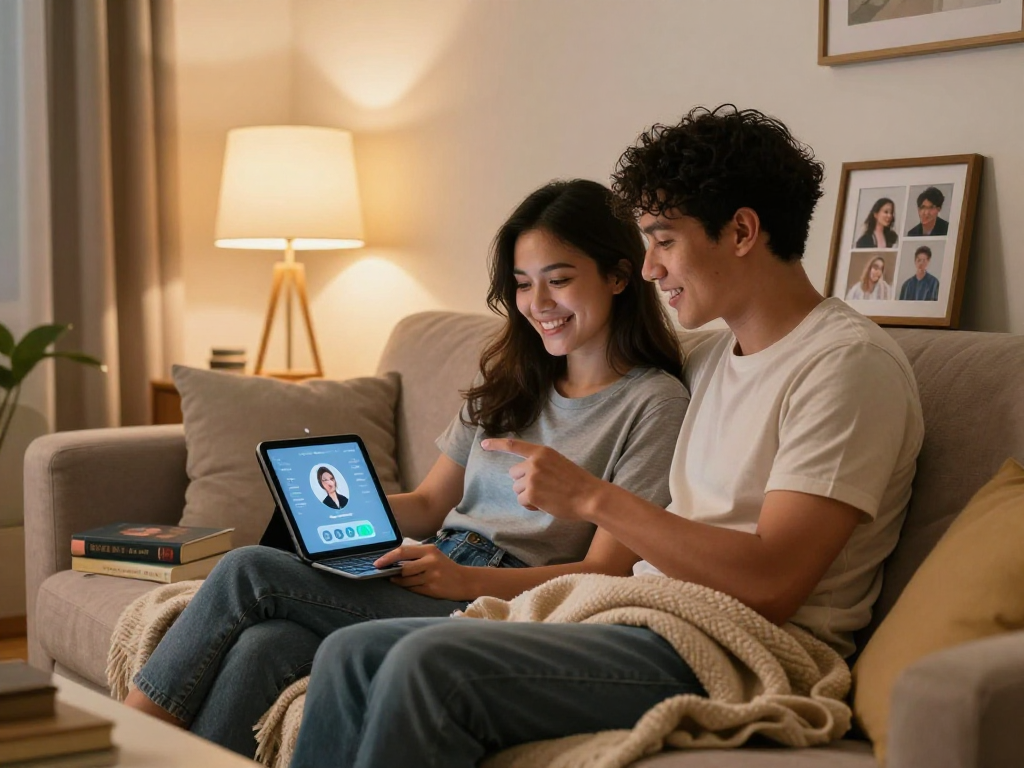 Couple exploring ai sex technology while sitting comfortably together in a cozy living room.