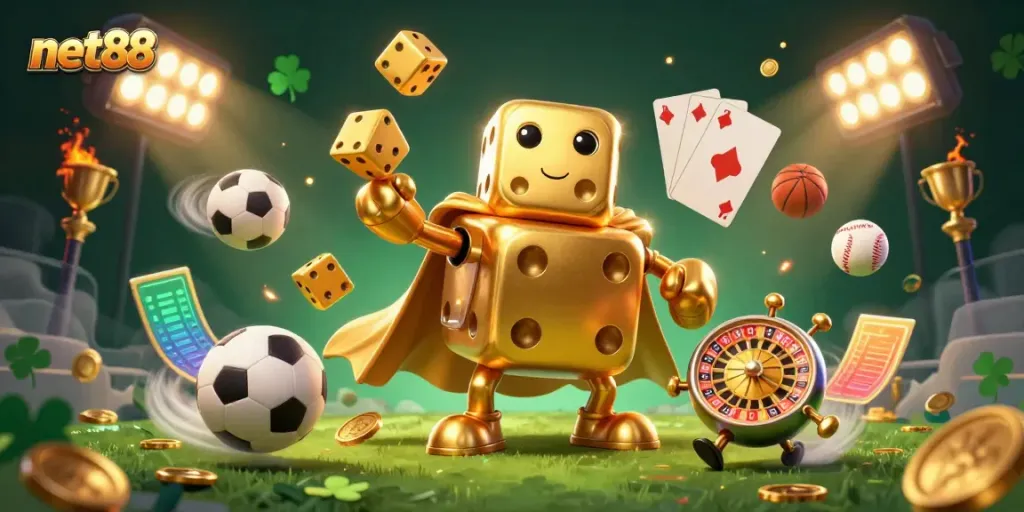 Experience thrilling sports betting with net88 in a vibrant, dynamic 3D casino scene.
