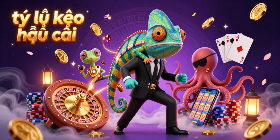 Engaging scene showcasing tỷ lệ kèo nhà cái with chameleon, gecko, and octopus amidst vibrant casino elements.