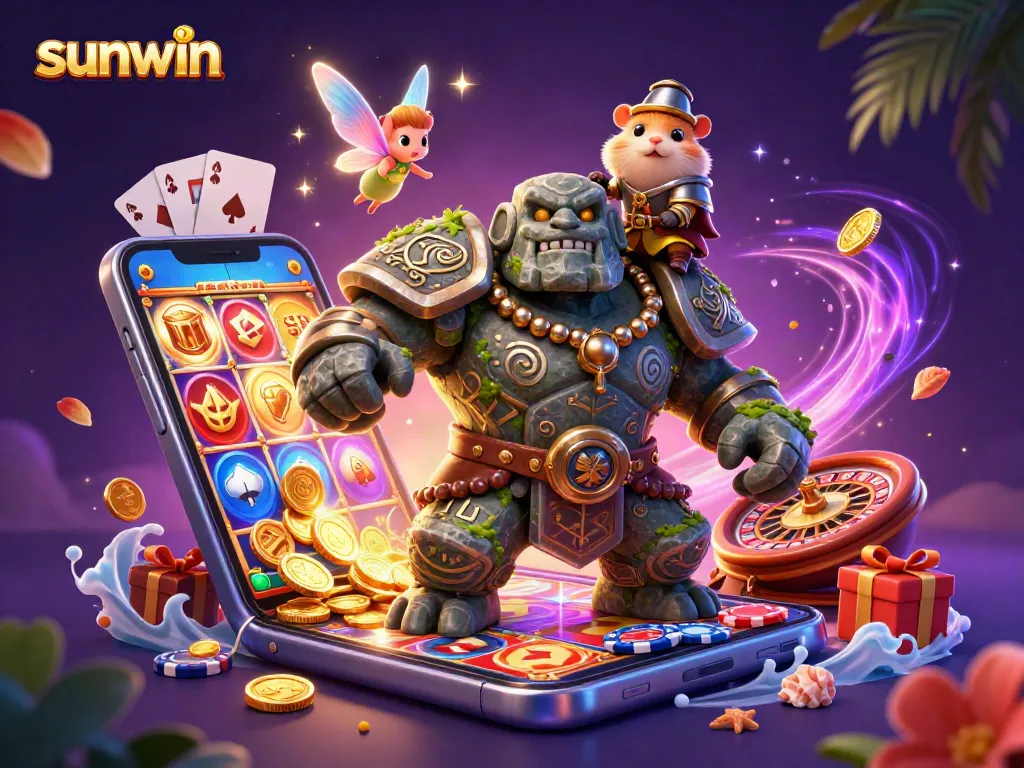 Experience sunwin's thrilling action with magical casino characters in a vibrant 3D illustration.