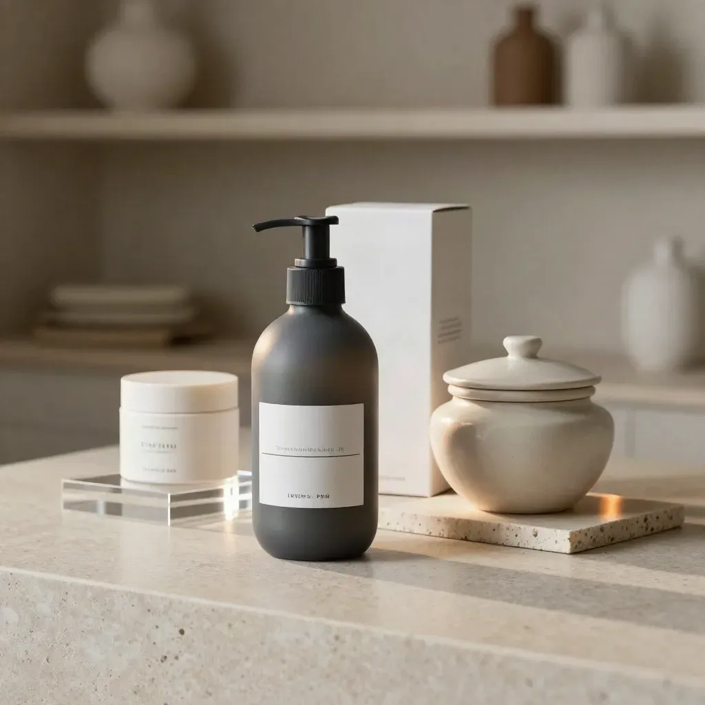 Matte bottle, ceramic jar, box sleeve and stone slab on a studio workbench