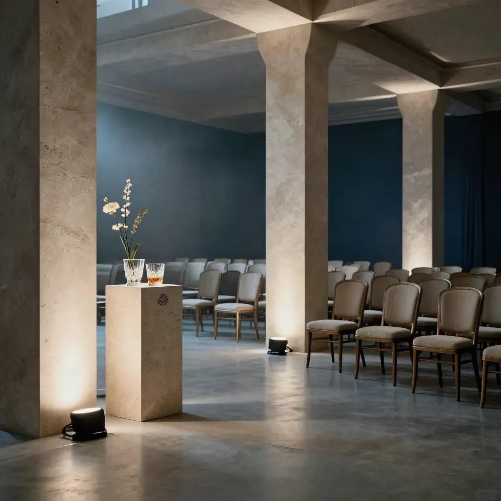 Empty launch venue with uplight columns, florals, tumblers and chairs in cinematic haze