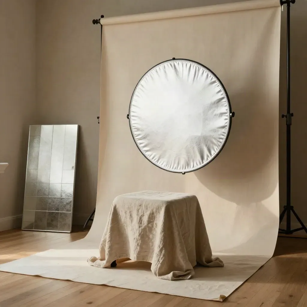 Portrait station with linen stool, reflector, backdrop roll and frosted mirror tile in warm studio light.