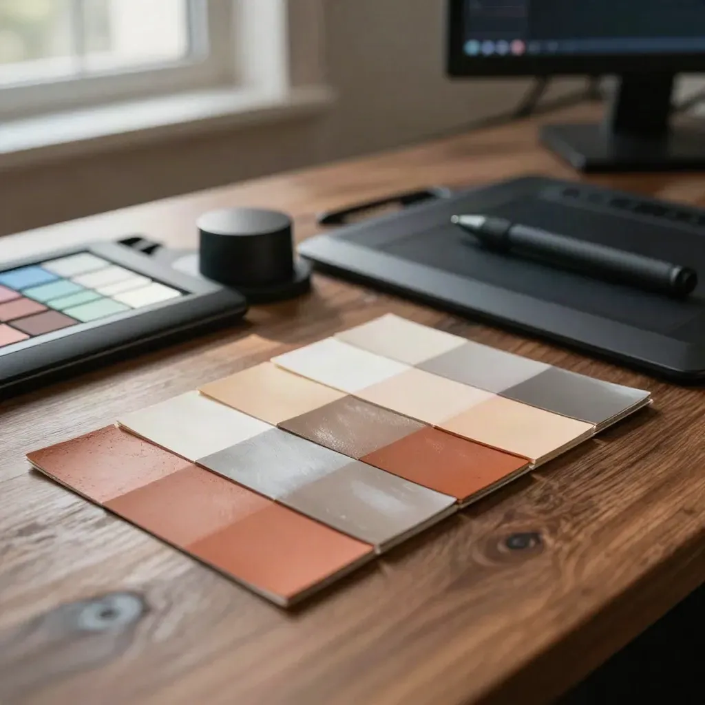 Retouching tools and colour swatches on a warm studio bench in soft window light.