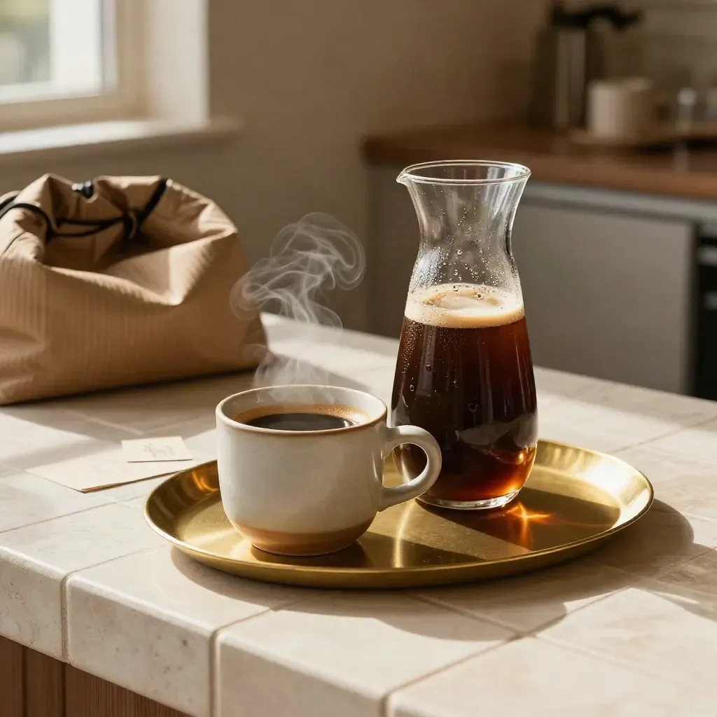 Warm coffee launch still life with cups, carafe, beans, and brass tray on tiled counter.