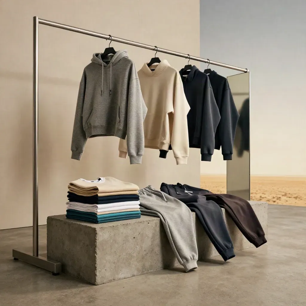 Streetwear set on concrete with rail, mirror panel and shoe boxes, seen from a low angle