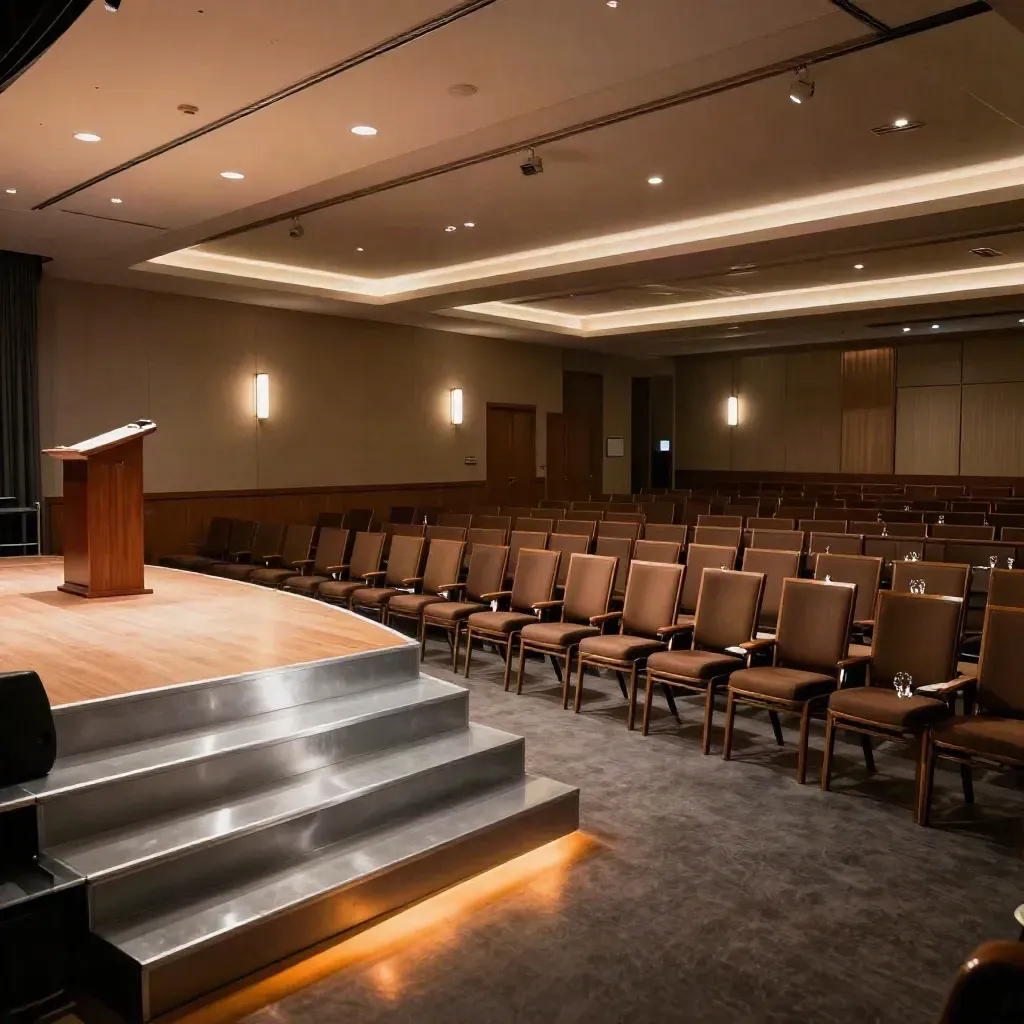 Empty summit hall with glowing stage risers, stacked chairs, uplights and a turned lectern.