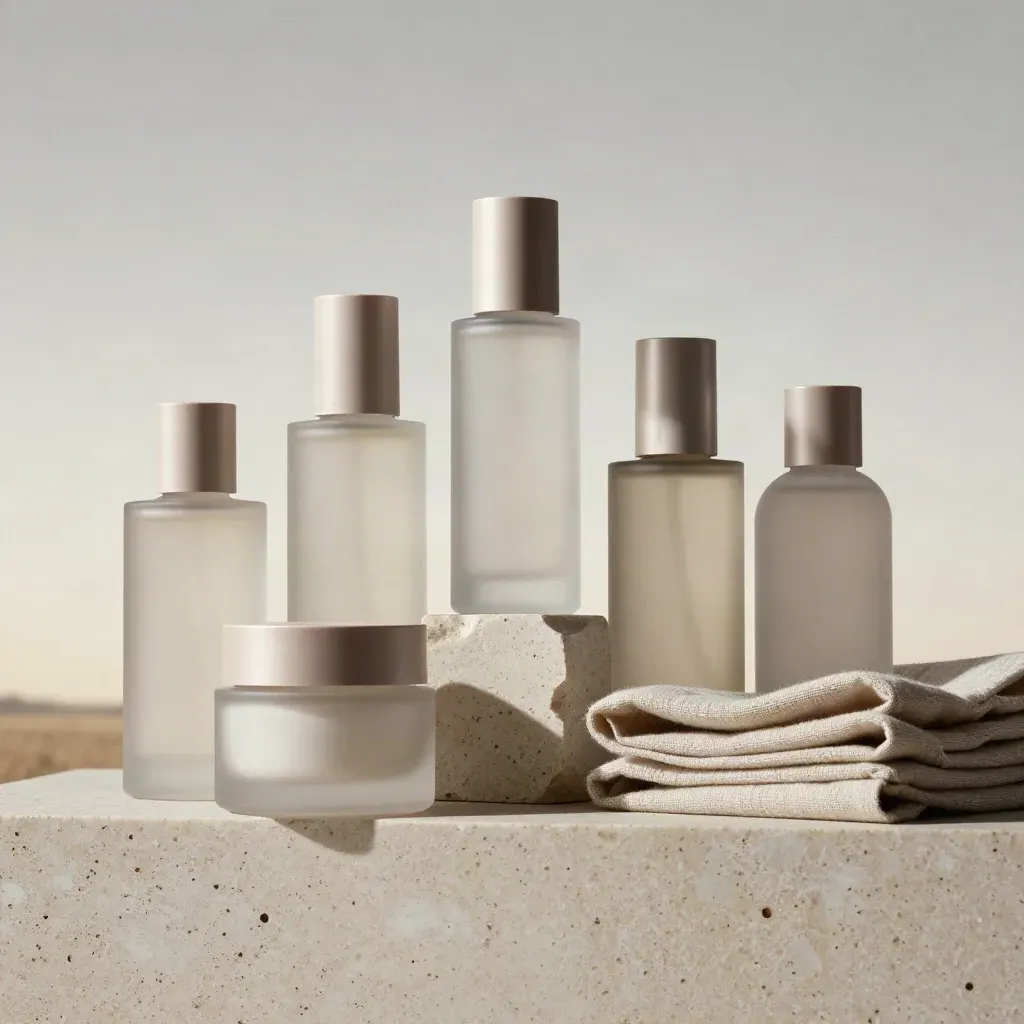 Frosted skincare bottles and cream jar on pale stone, low cinematic product hero shot