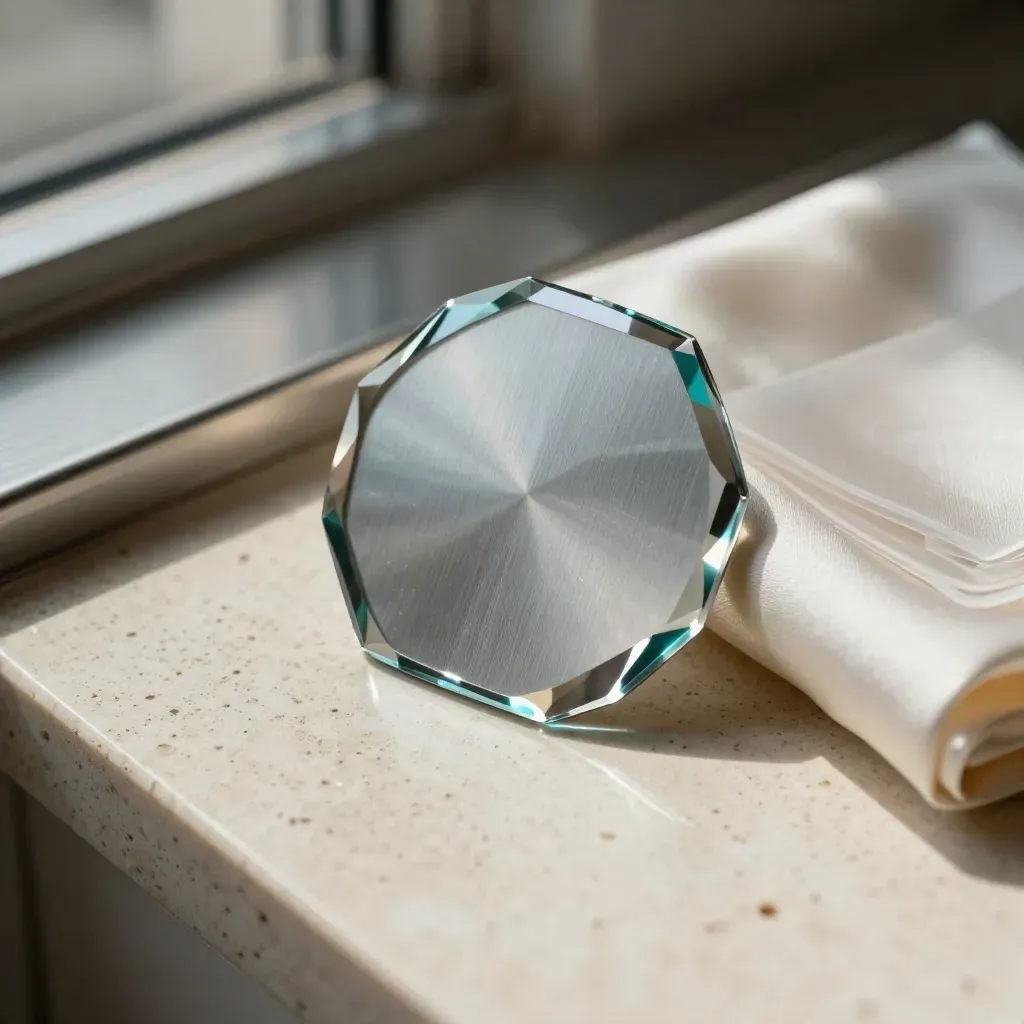 Macro still life of prism wedge, gels, silver bounce disc and satin cloth on pale travertine with teal glint.